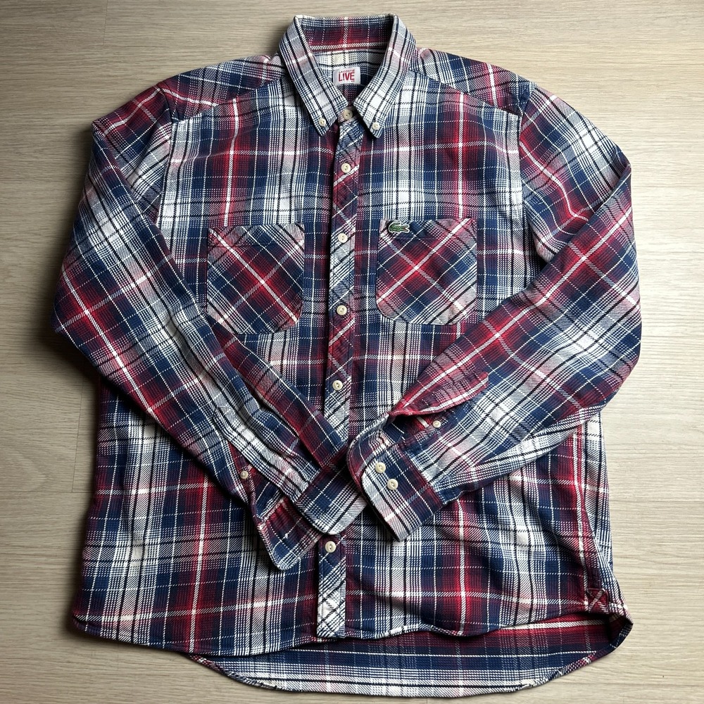 Lacoste L!VE Mens Size 45 Large Plaid Flannel Shirt Long Sleeve Navy Red